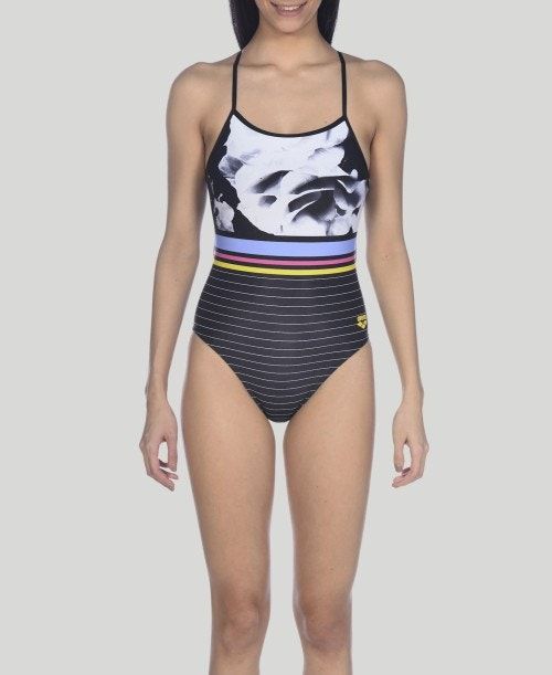 Arena Dark Floral Stripes Accelerate Back One Piece Black / Multicolor | 894036-WBL