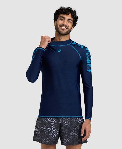 Arena Long Sleeve Rash Guard Navy / Turquoise | 523178-XDY