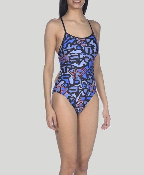 Arena Usa Allover Booster Back One Piece Navy Multicolor / Black | 953486-MGX