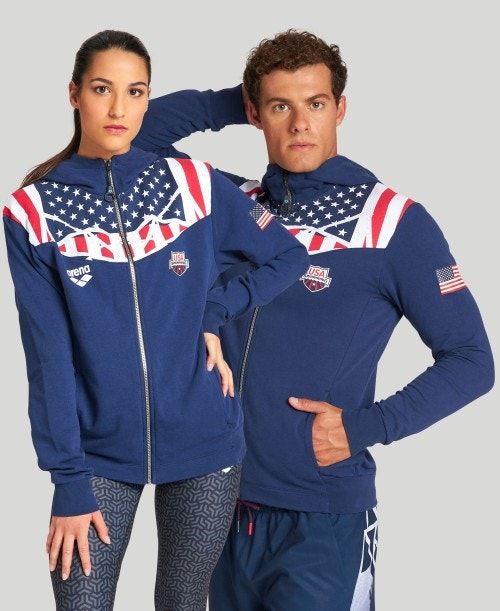 Arena Usa Swimming Team Kit Hooded Zip Jacket Navy | 194832-JPZ